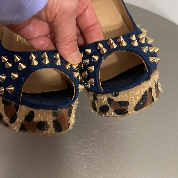 Lady peep studded leopard blue suede open toe heels - Picture 6 of 14